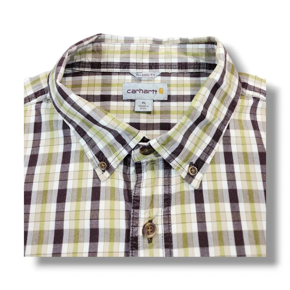 Carhartt‎ Relaxed Fit Green/Brown Plaid Button Down Short Sleeve Shirt Men's XL